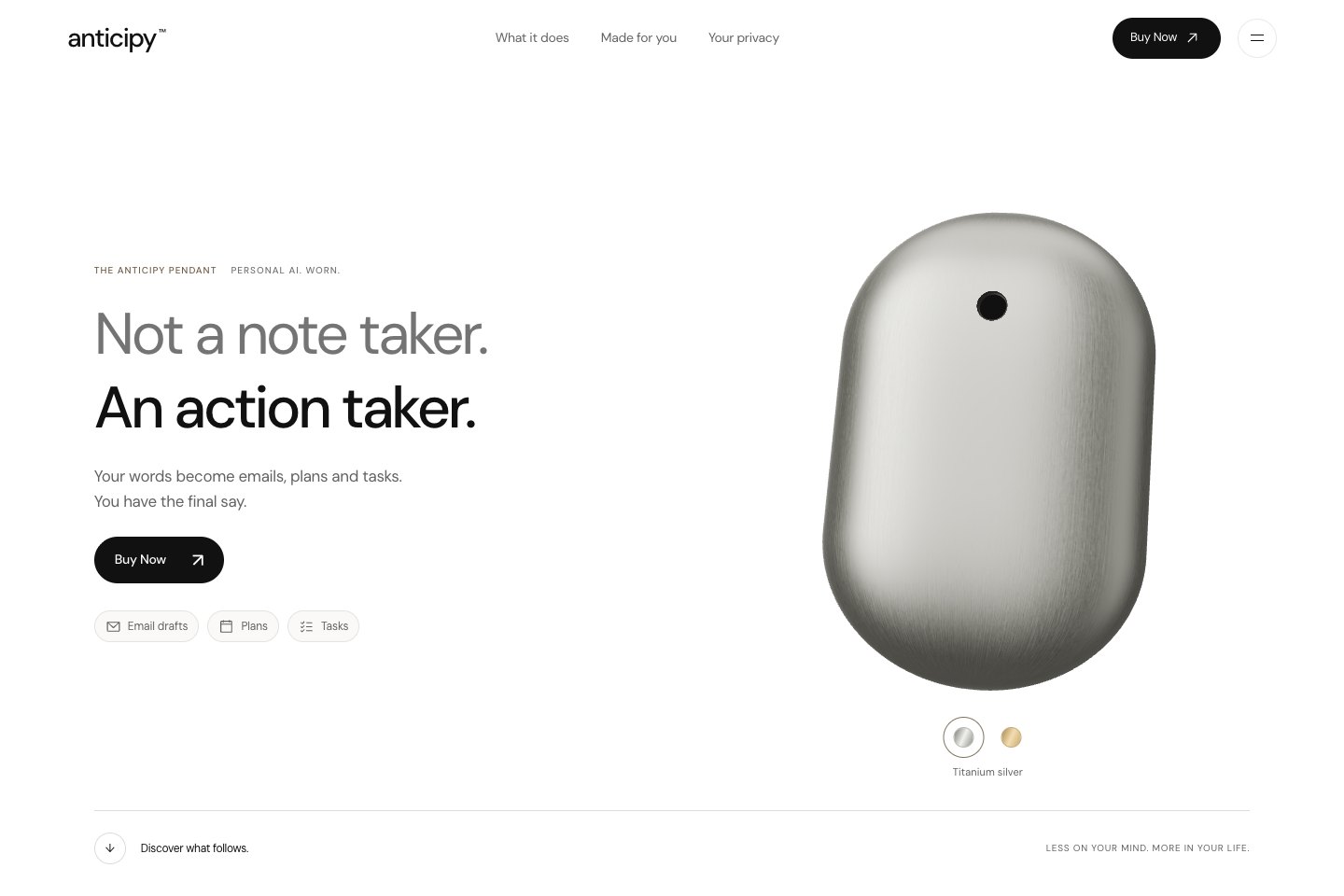 The Anticipy main website, showing its AI pendant and the message “Not a note taker. An action taker.”